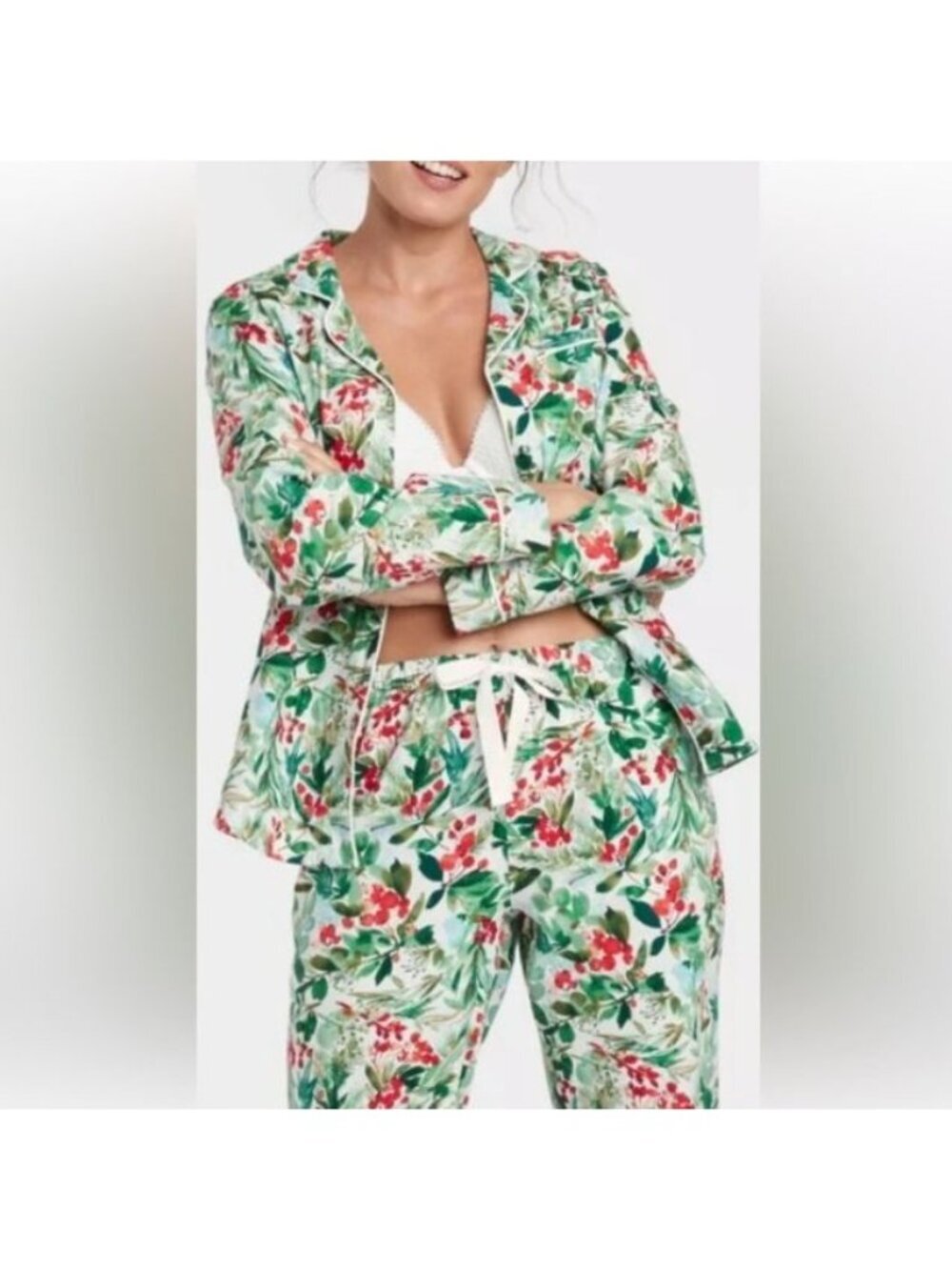 Stars Above Pine Holly Holiday Print Cotton Flannel 2 Piece Pajama Set Large